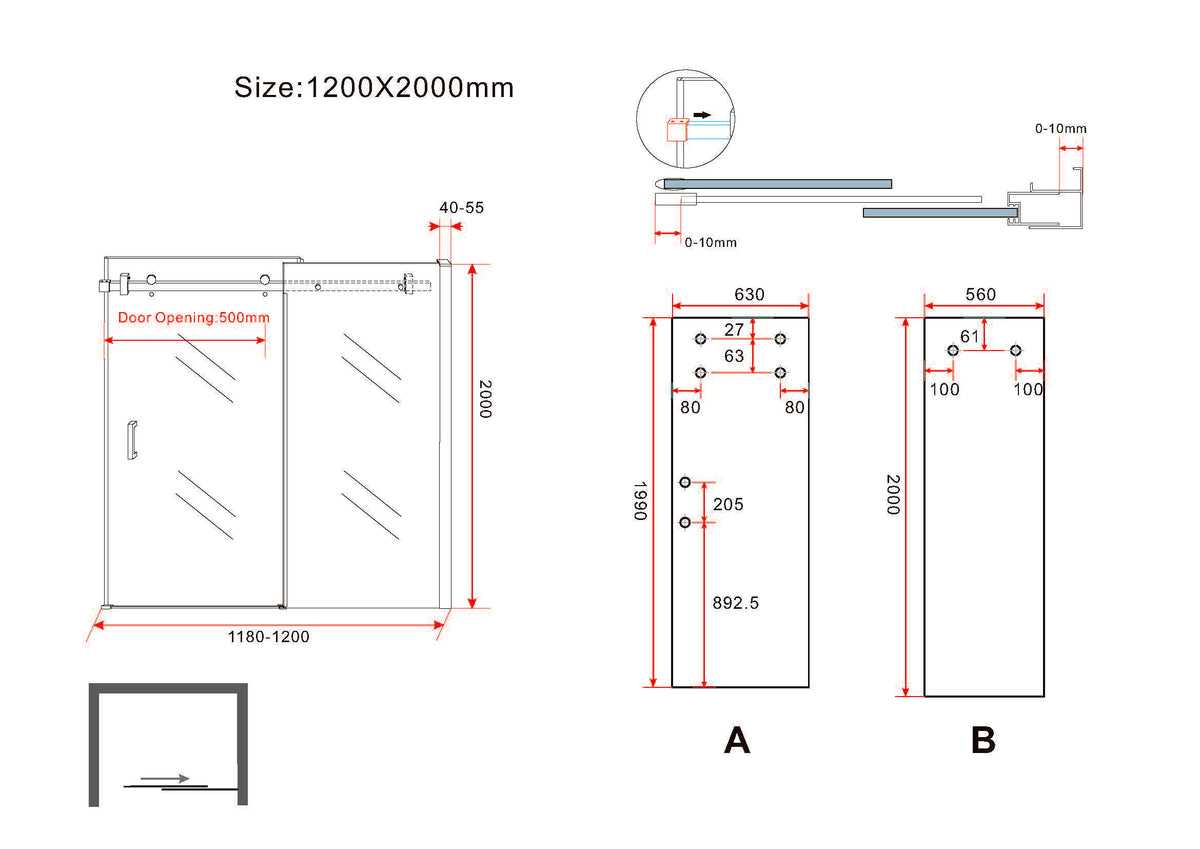 Eauslide nis schuifdeur 1200 x 2000 x 8 mm nano helder glas/mat zwart