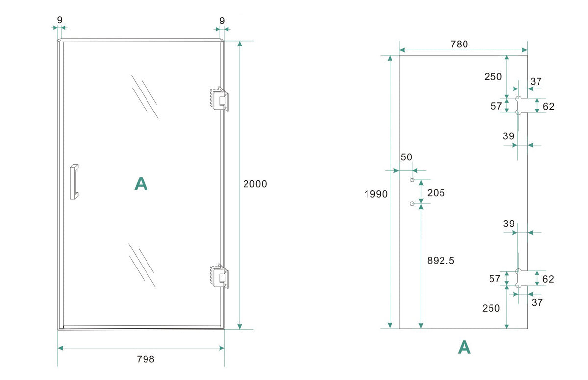 Eauless nisdeur rechts 800 x 2000 x 8 mm nano spiegelrook- naar helder glas/geborsteld brons koper