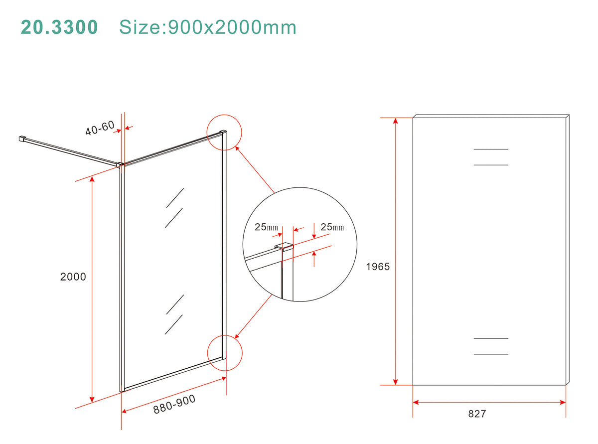 Eausquare inloopdouche 900 x 2000 x 8 mm nano helder glas/geborsteld messing