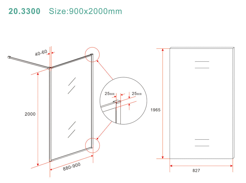 Eausquare inloopdouche 900 x 2000 x 8 mm nano helder glas/geborsteld messing