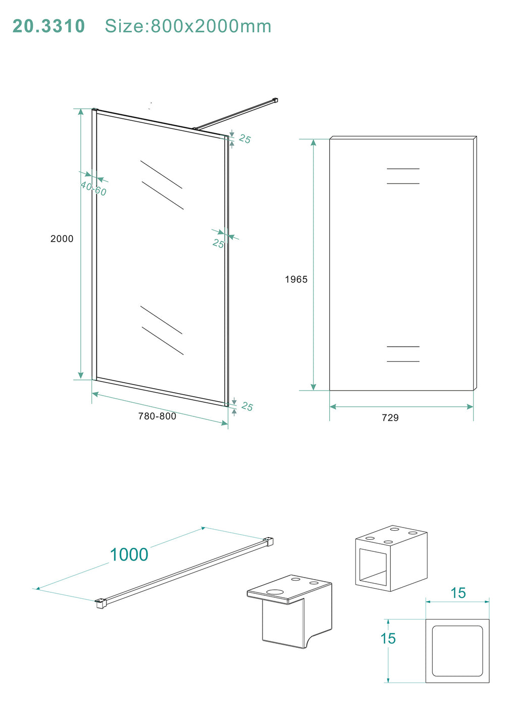 Eausquare inloopdouche 800 x 2000 x 8 mm nano helder glas/mat zwart