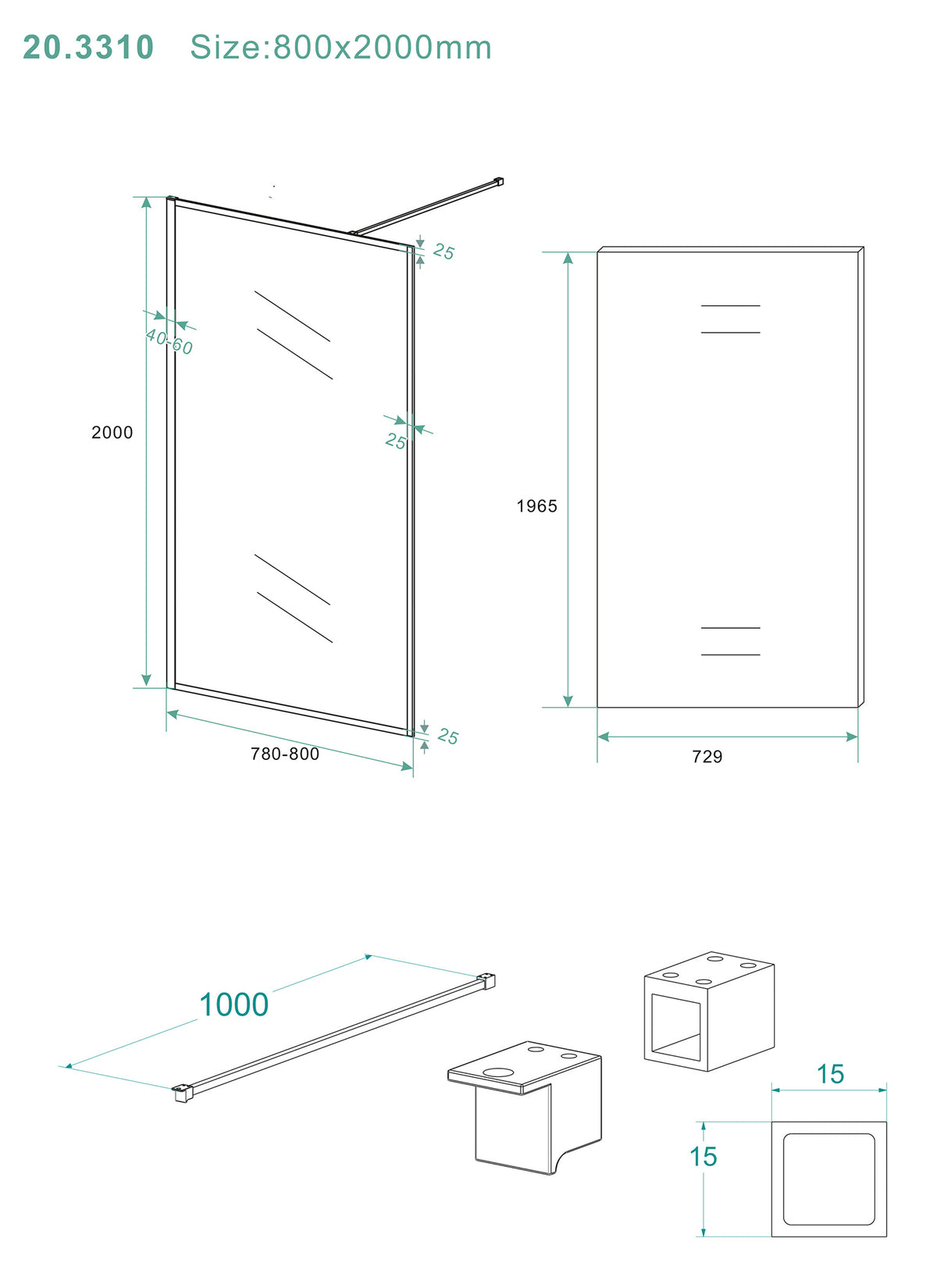Eausquare inloopdouche 800 x 2000 x 8 mm nano helder glas/mat zwart