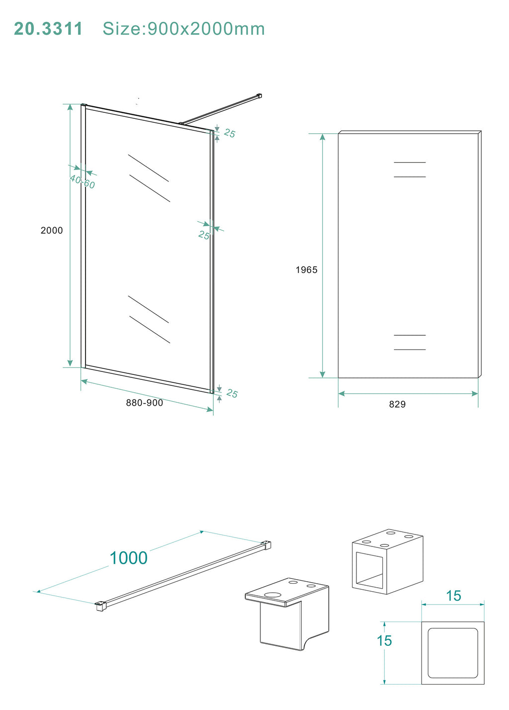Eausquare inloopdouche 900 x 2000 x 8 mm nano helder glas/mat zwart