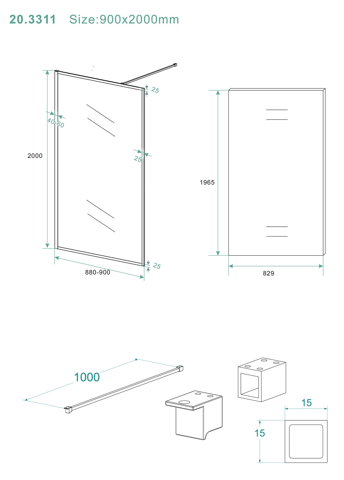 Eausquare inloopdouche 900 x 2000 x 8 mm nano helder glas/mat zwart