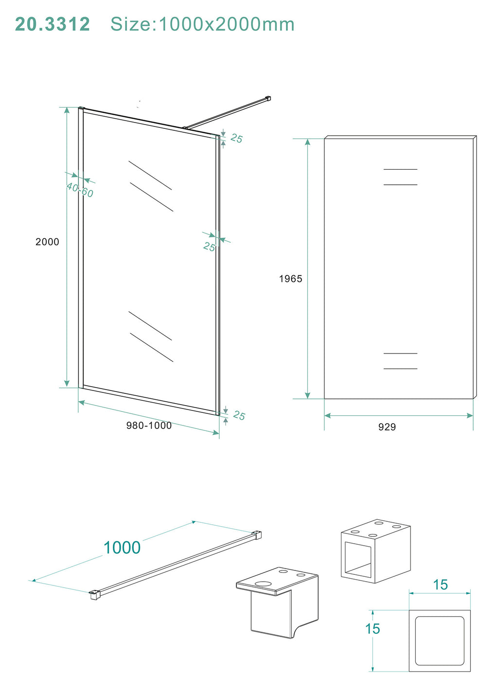 Eausquare inloopdouche 1000 x 2000 x 8 mm nano helder glas/mat zwart