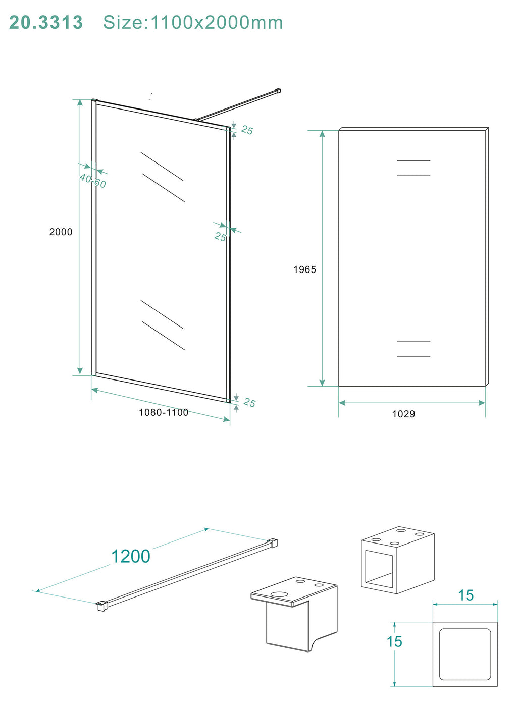 Eausquare inloopdouche 1100 x 2000 x 8 mm nano helder glas/mat zwart