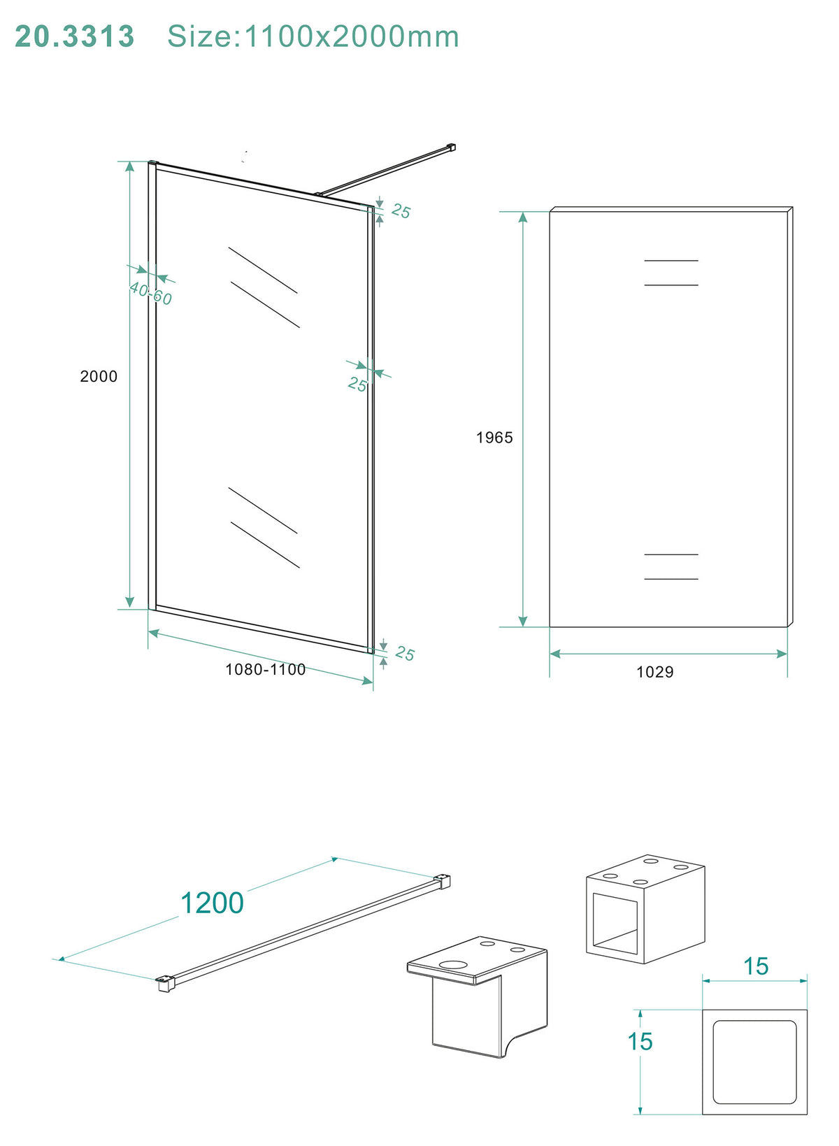 Eausquare inloopdouche 1100 x 2000 x 8 mm nano helder glas/mat zwart