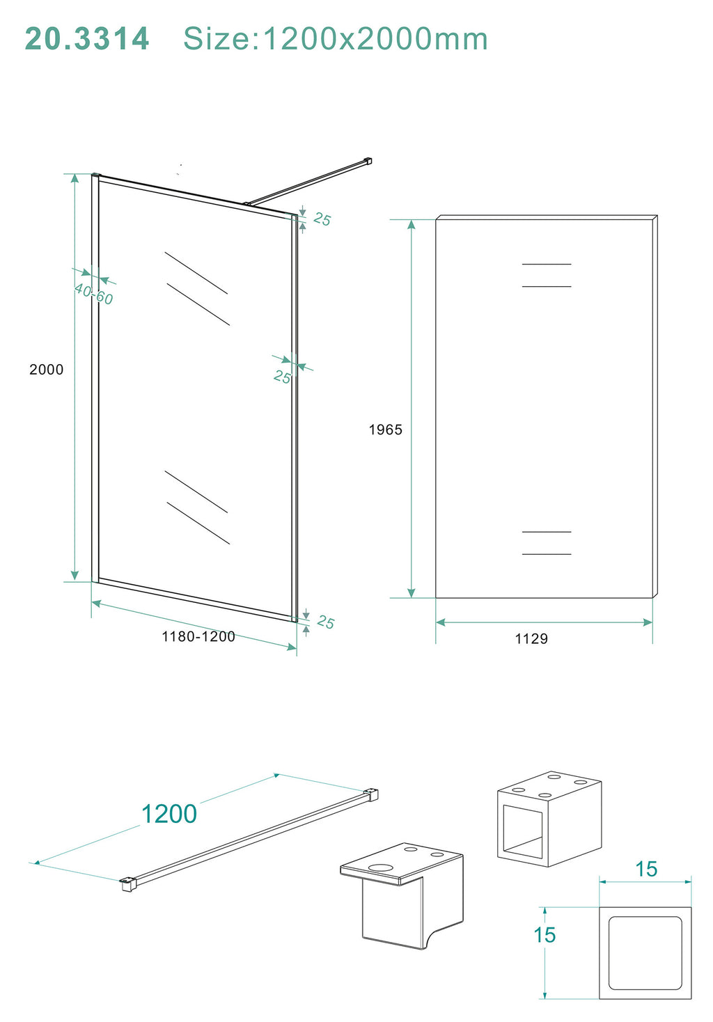 Eausquare inloopdouche 1200 x 2000 x 8 mm nano helder glas/mat zwart