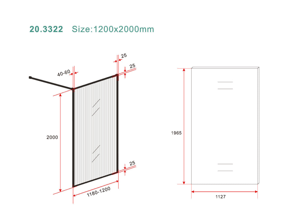 Eausquare inloopdouche 1200 x 2000 x 8 mm nano geribbeld helder glas/mat zwart