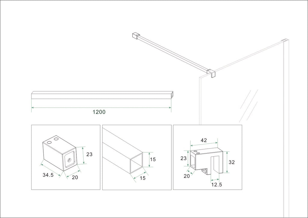 Eauslim set stabilisatiestangen 120 cm voor vrijstaande inloopdouches geborsteld staal