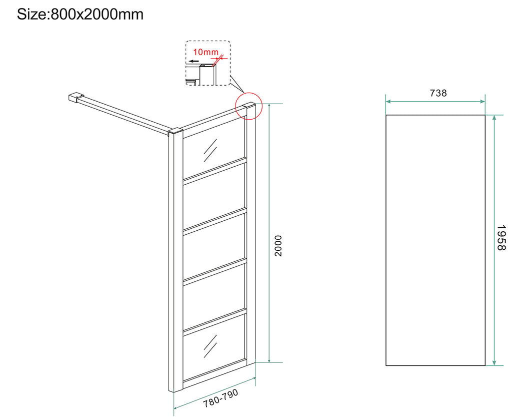 Eauhorizon inloopdouche met raster 800 x 2000 x 8 mm nano helder glas/mat zwart