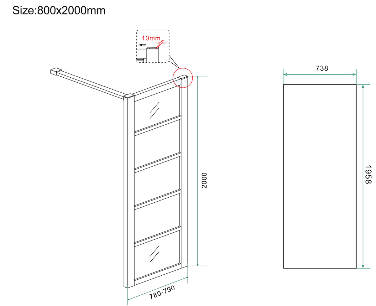 Eauhorizon inloopdouche met raster 800 x 2000 x 8 mm nano helder glas/mat zwart