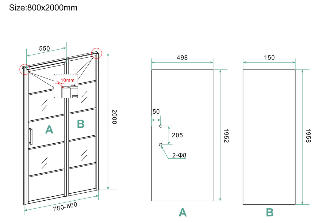 Eauhorizon nisdeur met vast deel en raster 800 x 2000 x 8mm nano helder glas/mat zwart