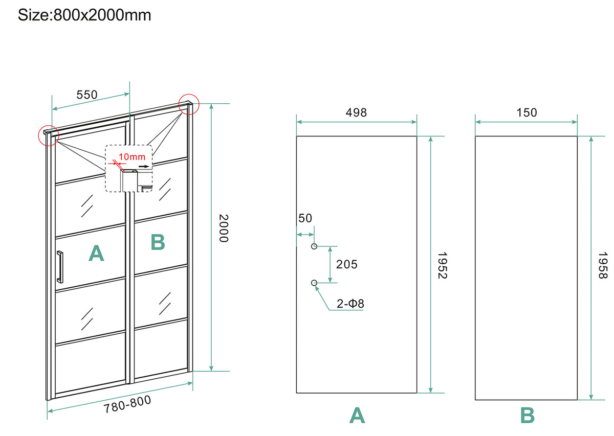Eauhorizon nisdeur met vast deel en raster 800 x 2000 x 8mm nano helder glas/mat zwart