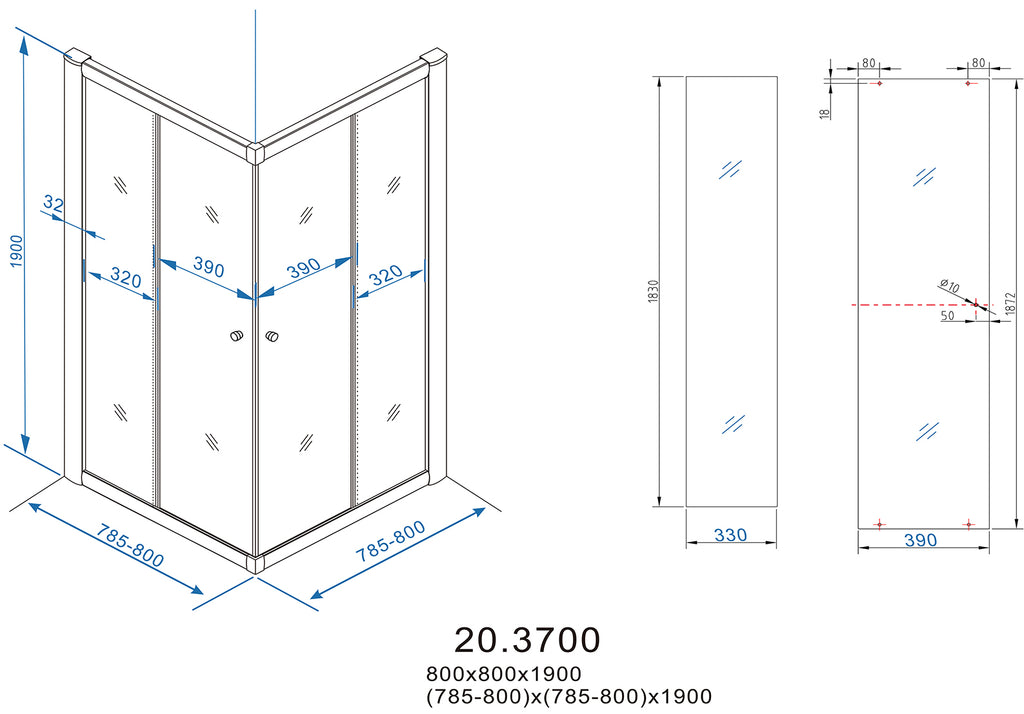Eaueco hoekinstap cabine met 2 schuifdeuren 800 x 800 x 1900 x 5 mm nano helder glas/chroom