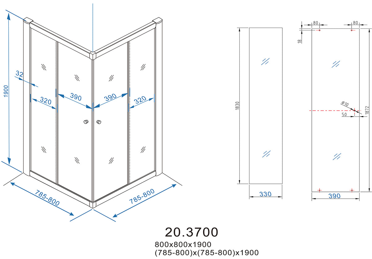 Eaueco hoekinstap cabine met 2 schuifdeuren 800 x 800 x 1900 x 5 mm nano helder glas/chroom