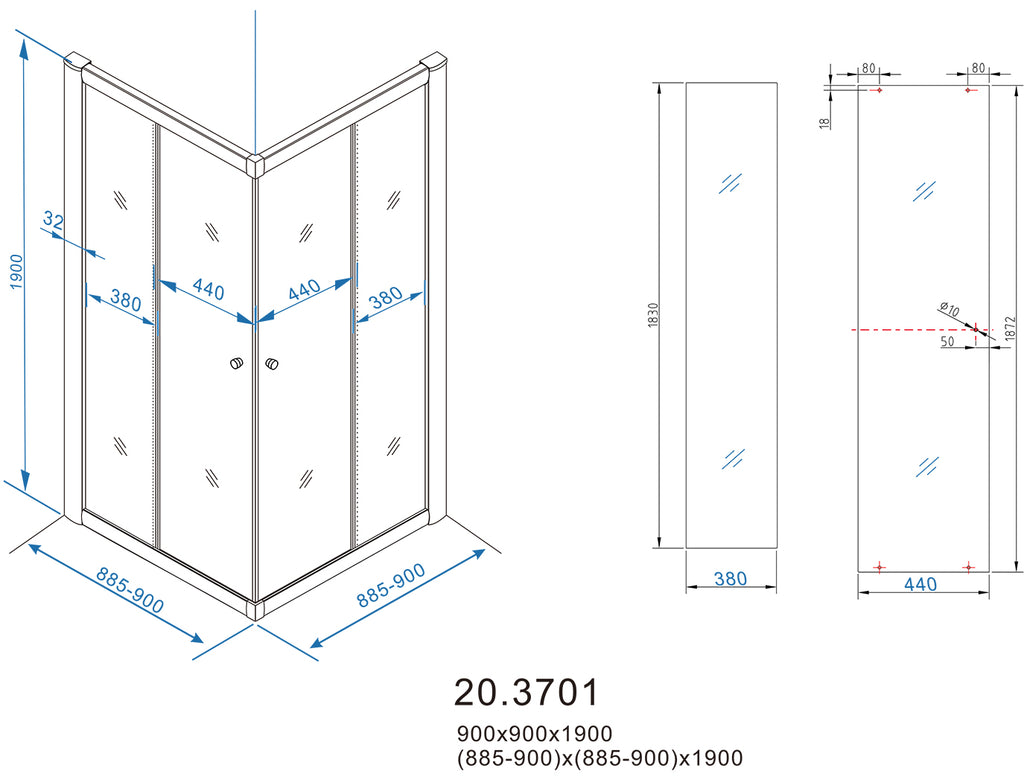 Eaueco hoekinstap cabine met 2 schuifdeuren 900 x 900 x 1900 x 5 mm nano helder glas/chroom
