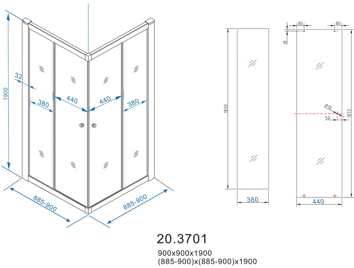 Eaueco hoekinstap cabine met 2 schuifdeuren 900 x 900 x 1900 x 5 mm nano helder glas/chroom