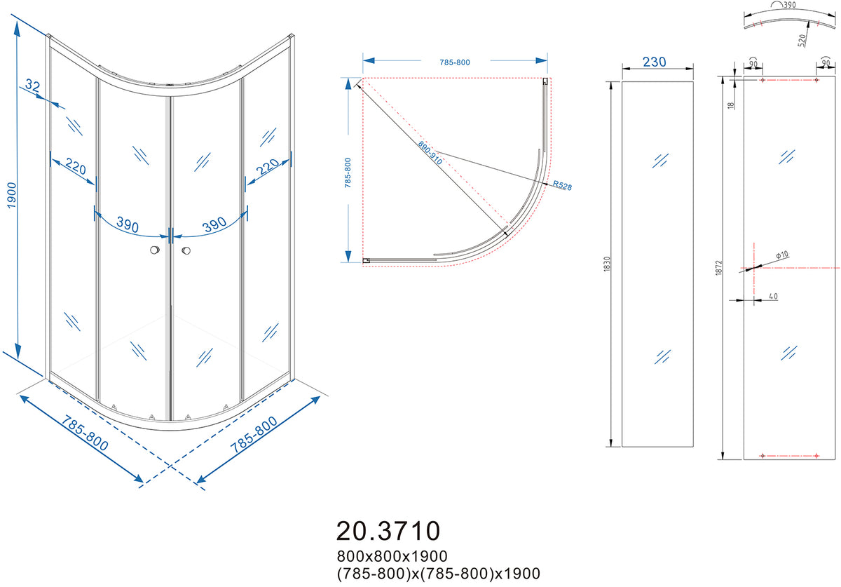 Eaueco kwartronde cabine met twee schuifdeuren 800 x 800 x 1900 x 5 mm nano helder glas/chroom