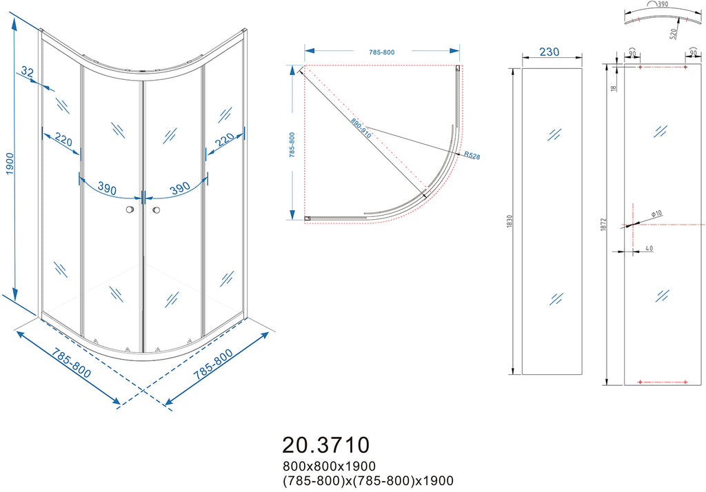 Eaueco kwartronde cabine met twee schuifdeuren 800 x 800 x 1900 x 5 mm nano helder glas/chroom