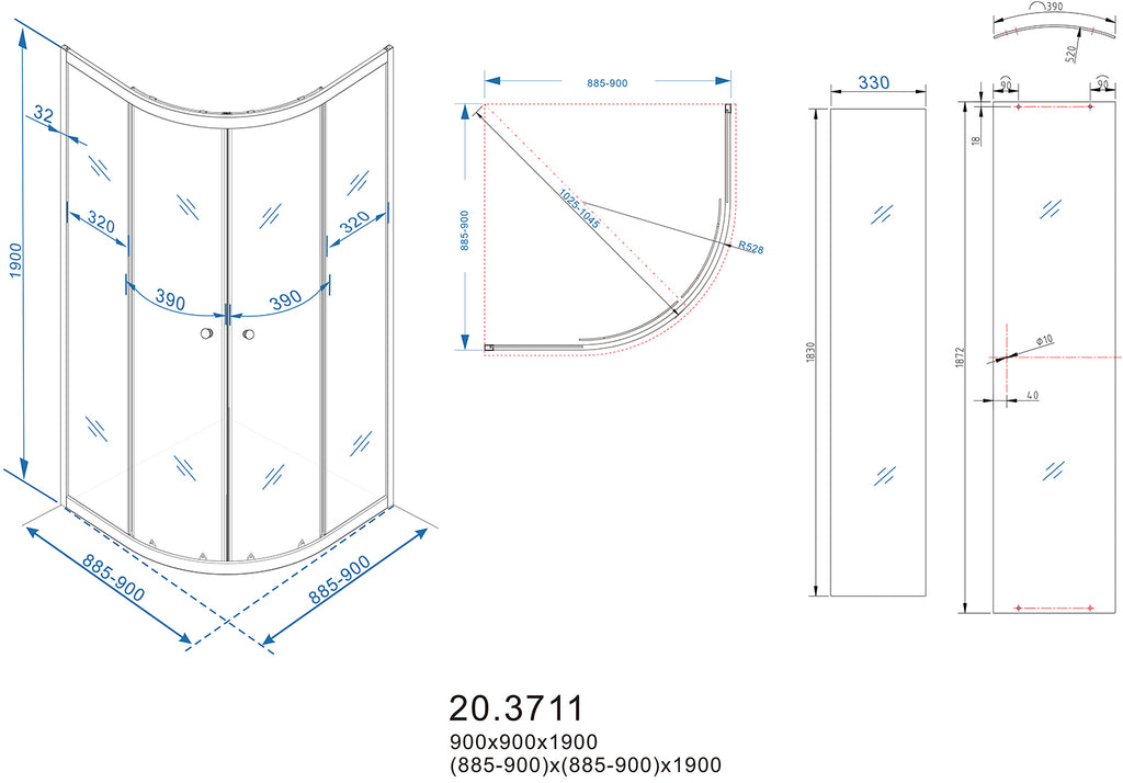 Eaueco kwartronde cabine met twee schuifdeuren 900 x 900 x 1900 x 5 mm nano helder glas/chroom