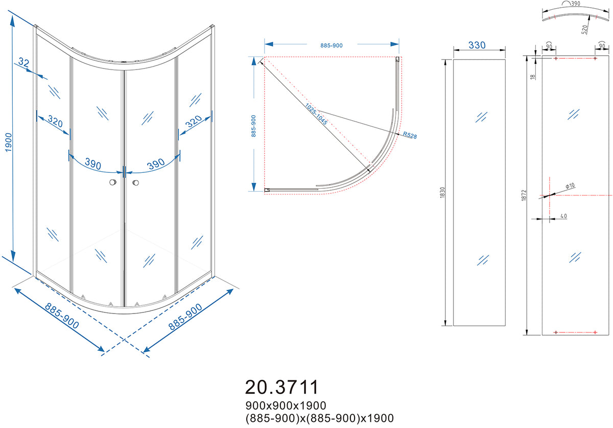 Eaueco kwartronde cabine met twee schuifdeuren 900 x 900 x 1900 x 5 mm nano helder glas/chroom