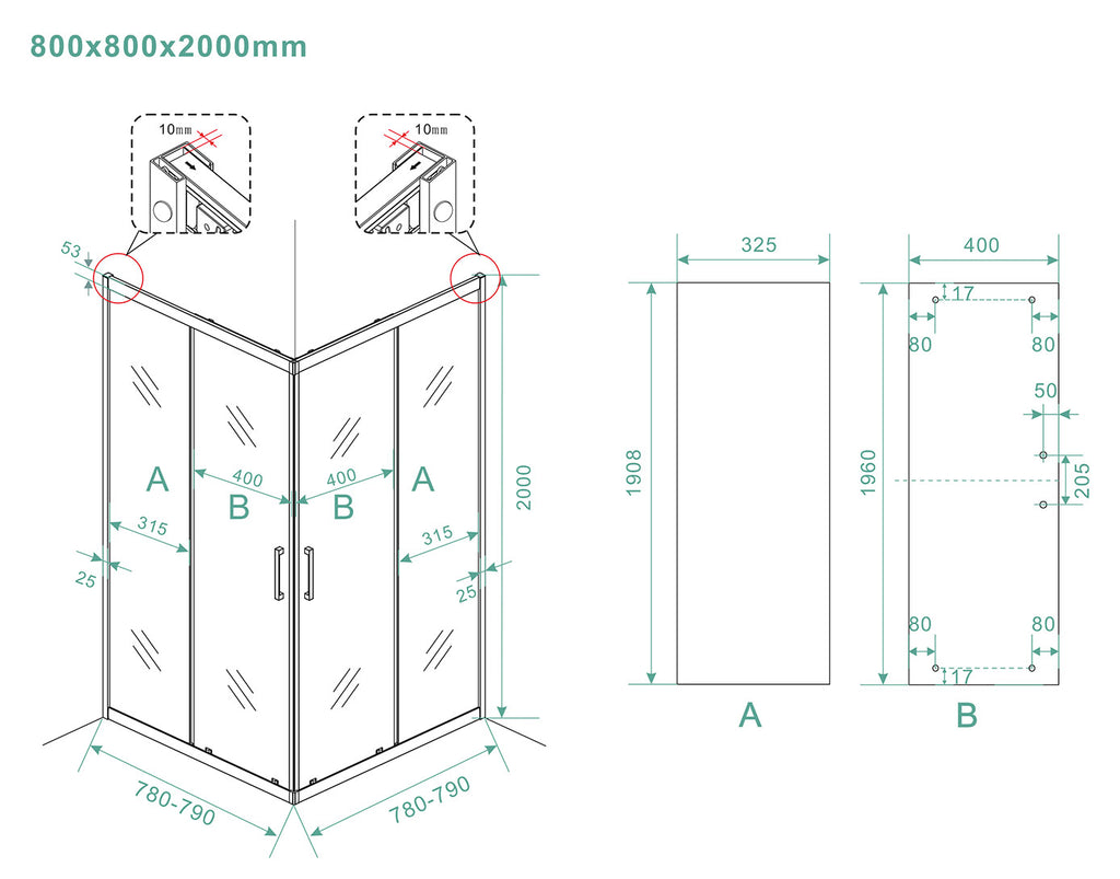 Eauskyline hoekinstap cabine met 2 schuifdeuren 800 x 800 x 2000 x 8 mm nano helder glas/mat zwart