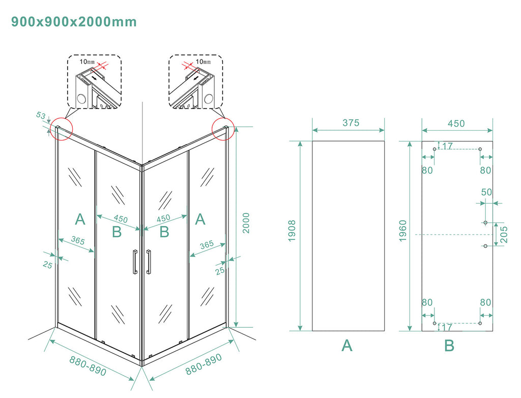 Eauskyline hoekinstap cabine met 2 schuifdeuren 900 x 900 x 2000 x 8 mm nano helder glas/mat zwart
