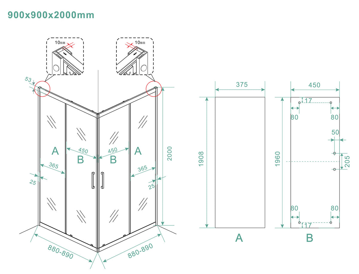 Eauskyline hoekinstap cabine met 2 schuifdeuren 900 x 900 x 2000 x 8 mm nano helder glas/mat zwart