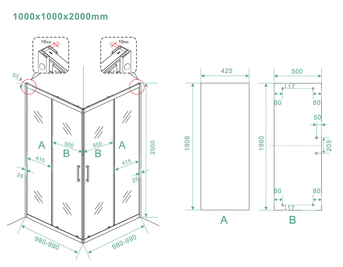 Eauskyline hoekinstap cabine met 2 schuifdeuren 1000 x 1000 x 2000 x 8 mm nano helder glas/mat zwart