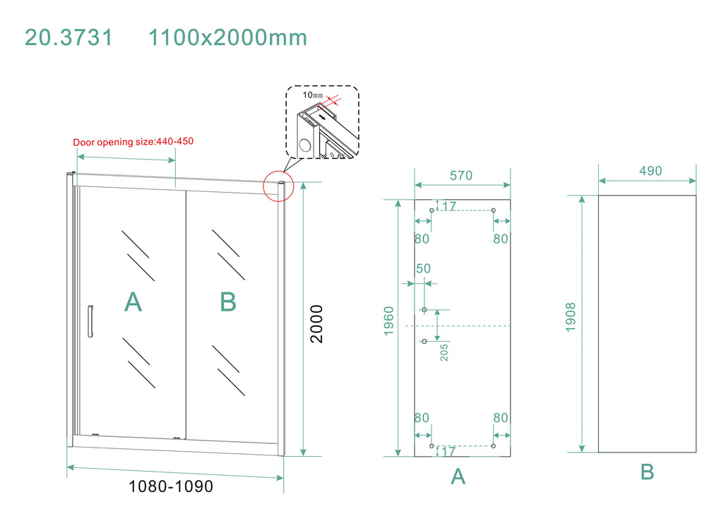 Eauskyline nis schuifdeur 1100 x 2000 x 8 mm nano helder glas/mat zwart
