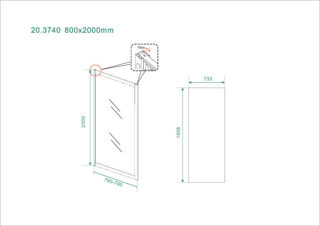 Eauskyline zijwand voor nis schuifdeur 800 x 2000 x 8 mm nano helder glas/mat zwart