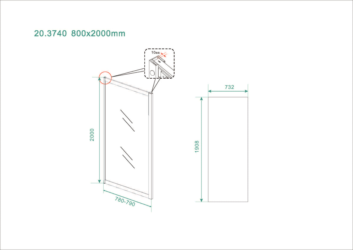 Eauskyline zijwand voor nis schuifdeur 800 x 2000 x 8 mm nano helder glas/mat zwart