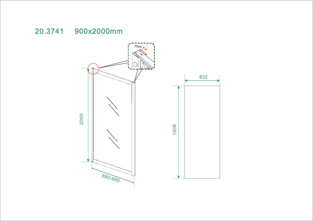 Eauskyline zijwand voor nis schuifdeur 900 x 2000 x 8 mm nano helder glas/mat zwart