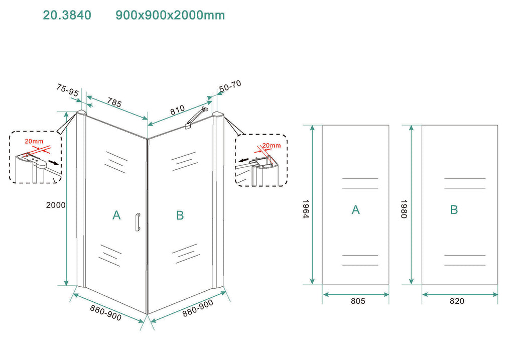 Eausalone cabine met 1 draaideur 900 x 900 x 2000 x 8 mm nano helder glas/chroom