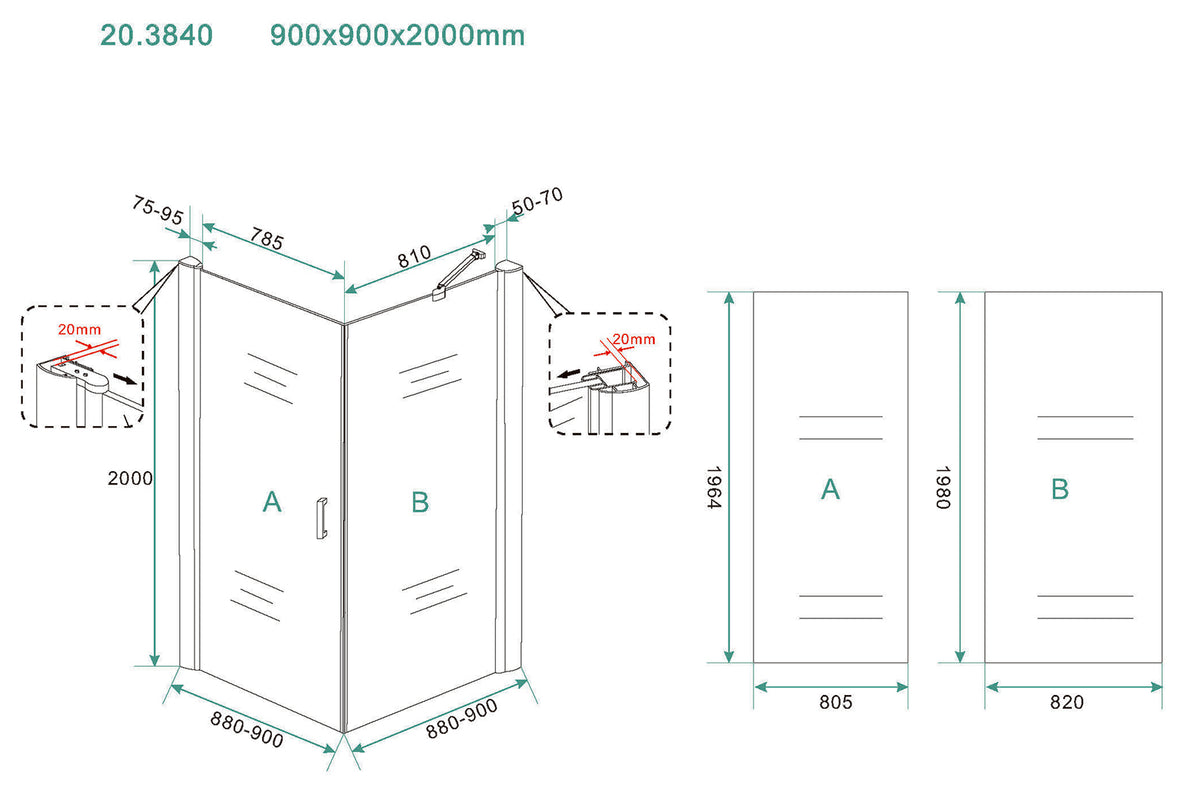 Eausalone cabine met 1 draaideur 900 x 900 x 2000 x 8 mm nano helder glas/chroom