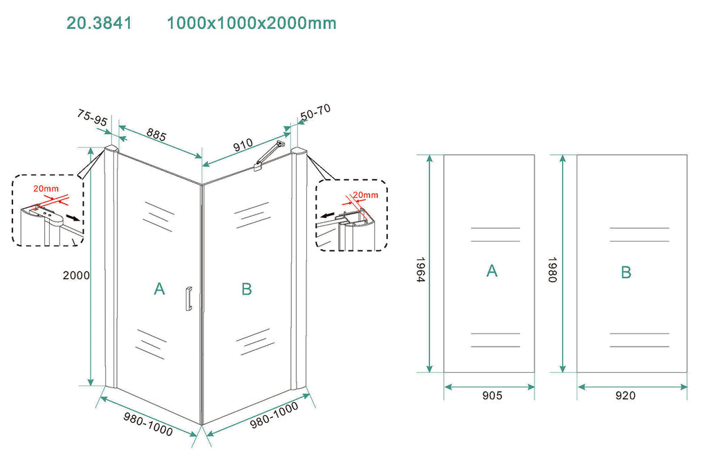 Eausalone cabine met 1 draaideur 1000 x 1000 x 2000 x 8 mm nano helder glas/chroom