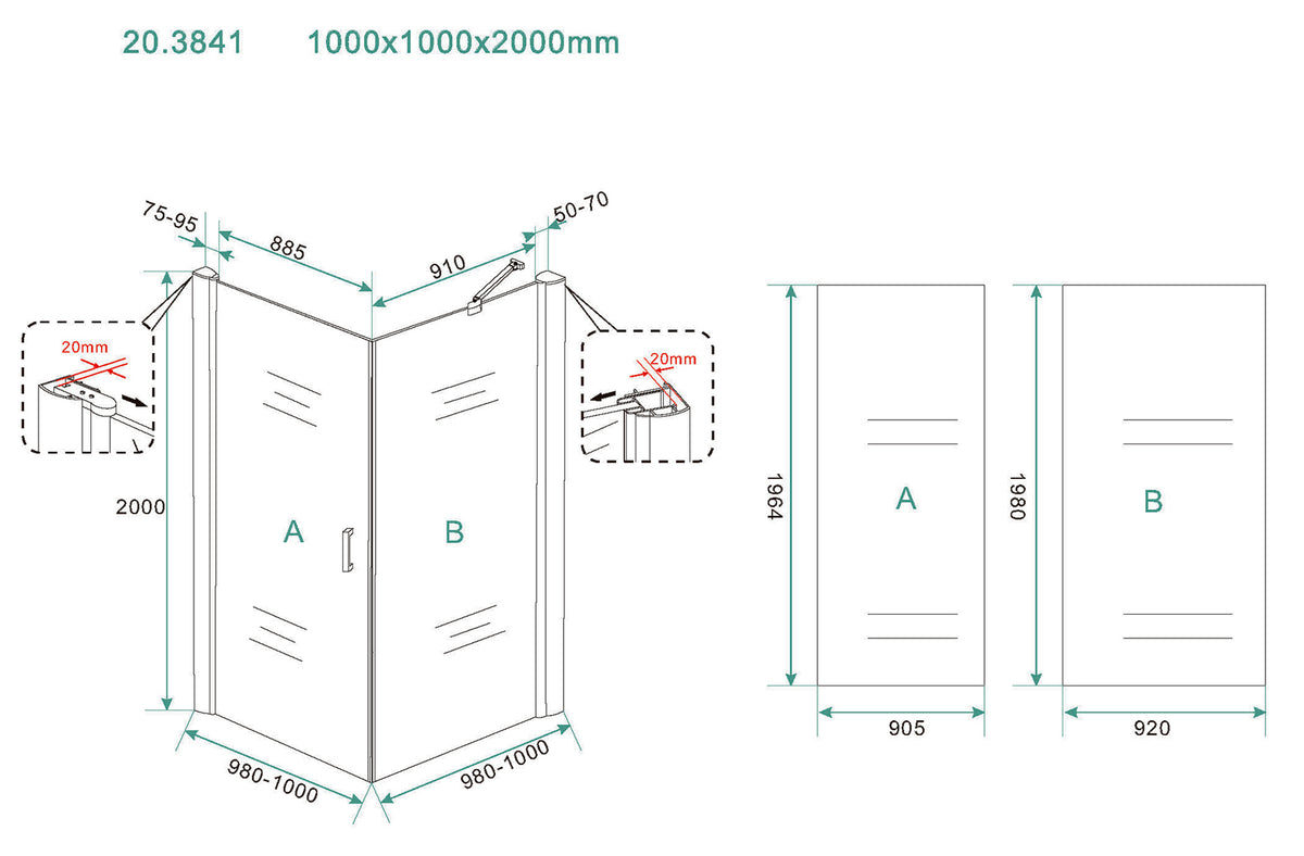 Eausalone cabine met 1 draaideur 1000 x 1000 x 2000 x 8 mm nano helder glas/chroom