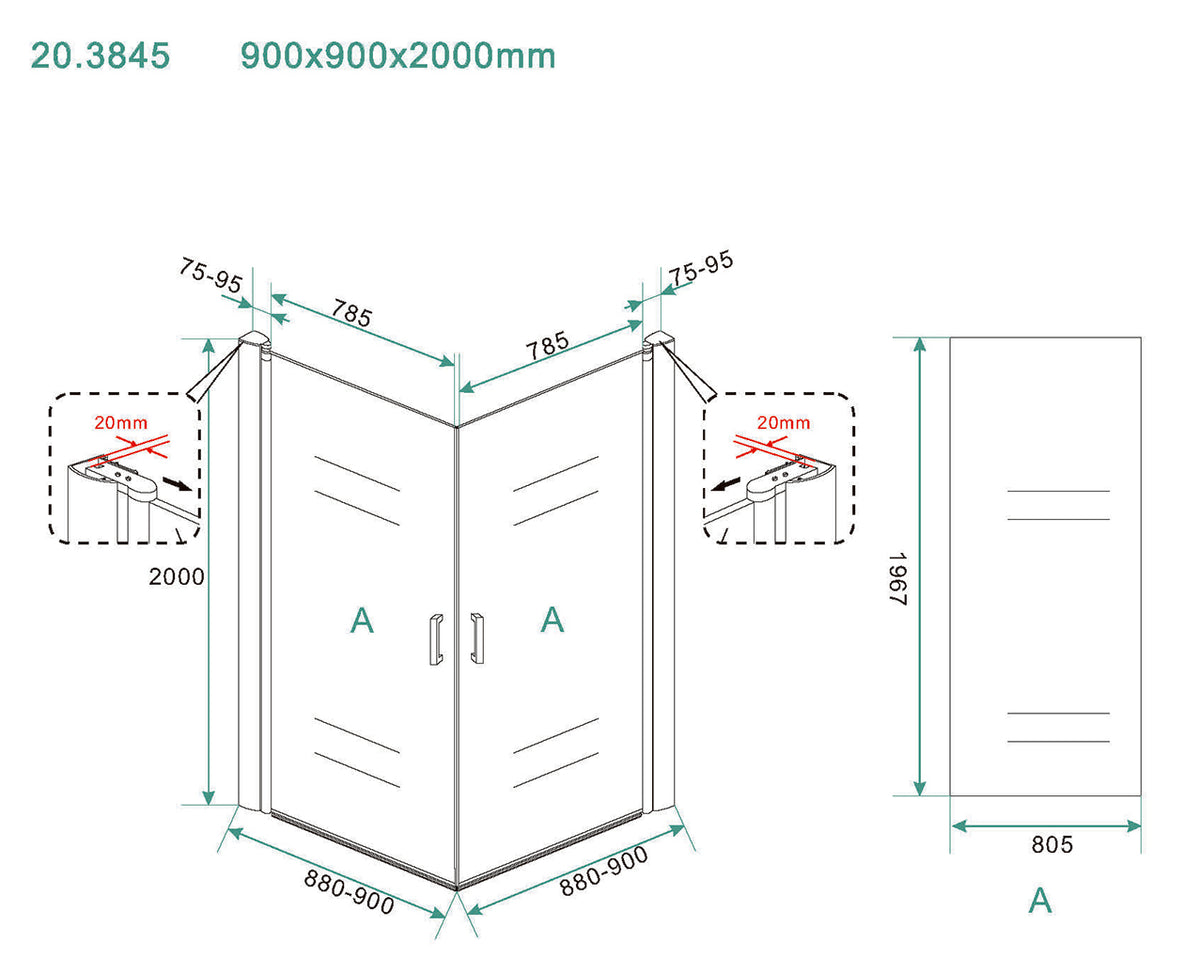 Eausalone cabine met 2 draaideuren 900 x 900 x 2000 x 8 mm nano helder glas/chroom