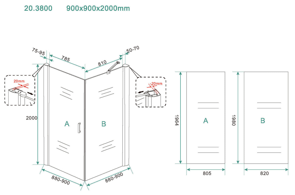 Eausalone cabine met 1 draaideur 900 x 900 x 2000 x 8 mm nano helder glas/mat zwart