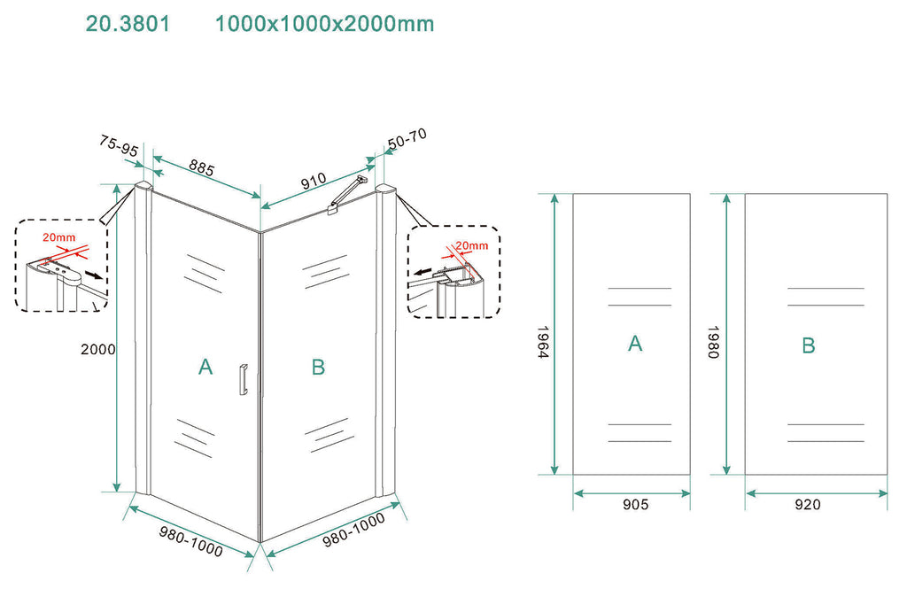 Eausalone cabine met 1 draaideur 1000 x 1000 x 2000 x 8 mm nano helder glas/mat zwart