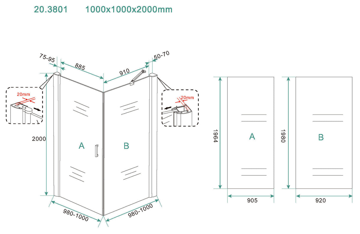 Eausalone cabine met 1 draaideur 1000 x 1000 x 2000 x 8 mm nano helder glas/mat zwart