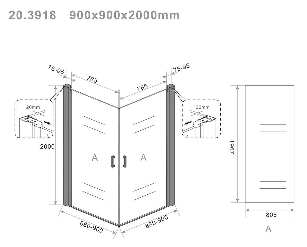 Eausalone cabine met 2 draaideuren 900 x 900 x 2000 x 8 mm nano helder glas/mat zwart