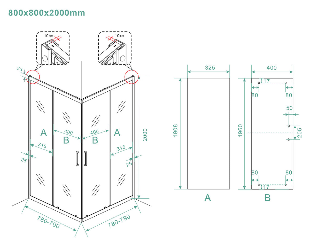Eauskyline hoekinstap cabine met 2 schuifdeuren 800 x 800 x 2000 x 8 mm nano helder glas/mat zwart