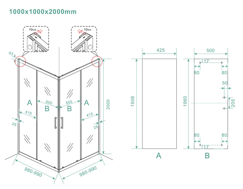 Eauskyline hoekinstap cabine met 2 schuifdeuren 1000 x 1000 x 2000 x 8 mm nano helder glas/mat zwart