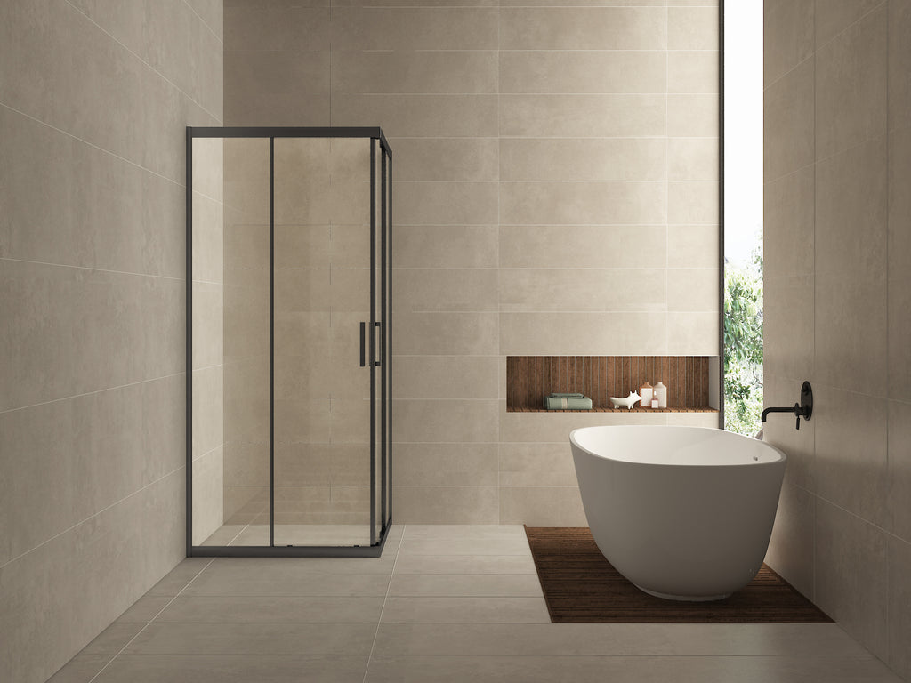 Eauskyline hoekinstap cabine met 2 schuifdeuren 1000 x 1000 x 2000 x 8 mm nano helder glas/mat zwart