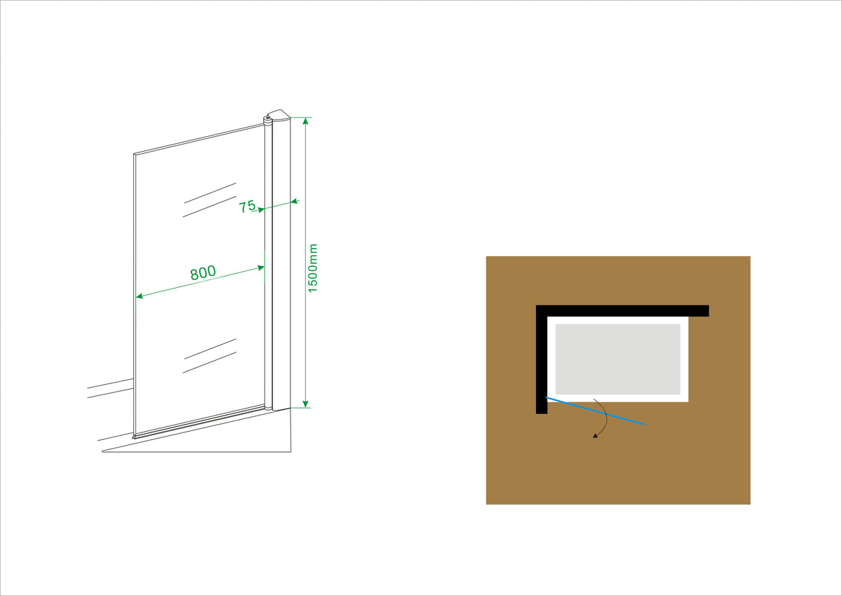 Eaupalmo badwand draaibaar 800 x 1500 x 6 mm nano helder glas/chroom
