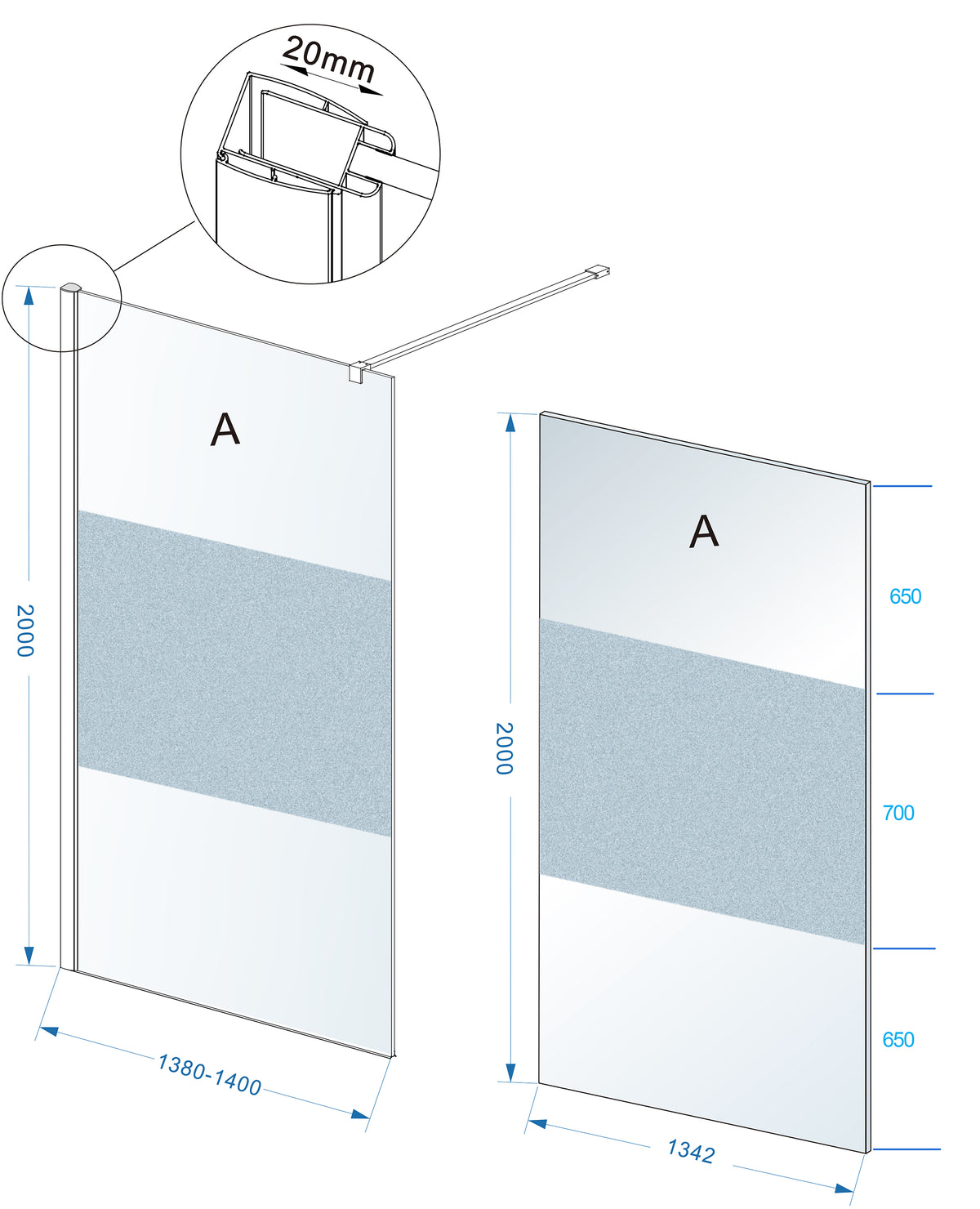 Eaucomfort inloopdouche 1400 x 2000 x 8 mm nano helder glas met melkglas middenband/chroom