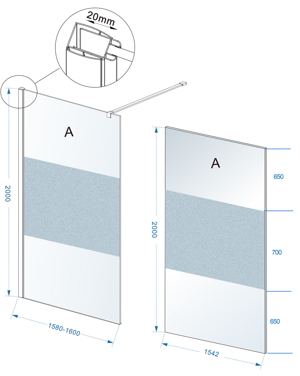 Eaucomfort inloopdouche 1600 x 2000 x 8 mm nano helder glas met melkglas middenband/chroom