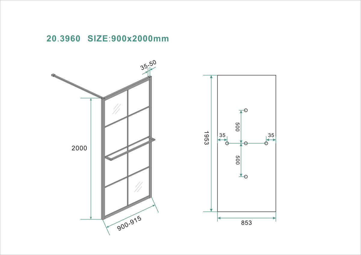 Eaumaaz inloopdouche met raster en handdoekhouder 900 x 2000 x 10 mm helder glas/mat zwart